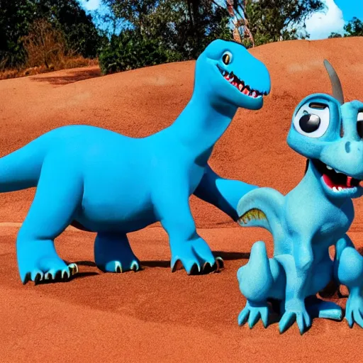 Prompt: bluey heeler meeting a dinosaur, disney cartoon