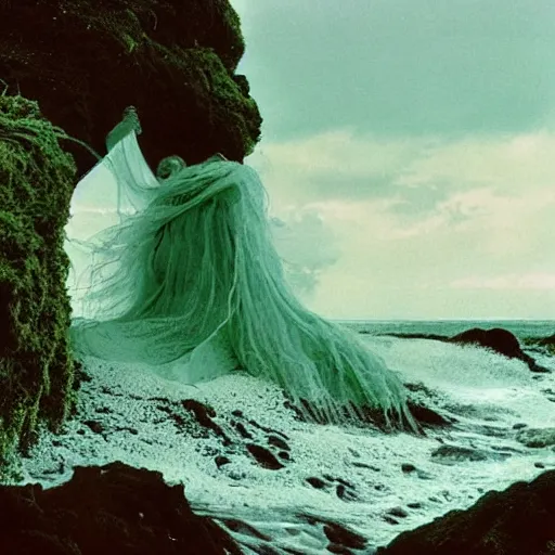 Image similar to 1 9 7 0's artistic spaghetti western movie in color, a woman in a giant billowy wide flowing waving dress made out of sea foam, standing inside a green mossy irish rocky scenic landscape, crashing waves and sea foam, volumetric lighting, backlit, moody, atmospheric