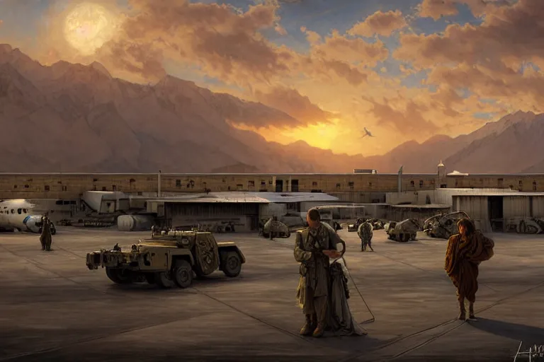 Prompt: bagram airfield at sunset, fantasy, intricate, elegant, dramatic lighting, emotionally evoking symbolic metaphor, highly detailed, lifelike, photorealistic, digital painting, artstation, concept art, smooth, sharp focus, illustration, art by john collier and albert aublet and krenz cushart and artem demura and alphonse mucha