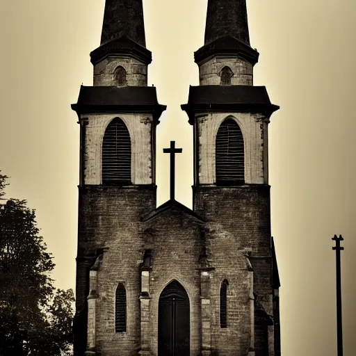 Prompt: a photograph of a church which has two spires sticking out of the tower at 45 degree angles