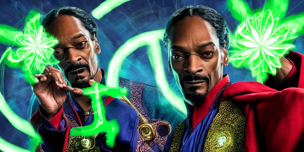 Image similar to snoop dogg as the doctor strange, marijuana leaves, green light, highly detailed, marvel cinematic universe, mcu, photo