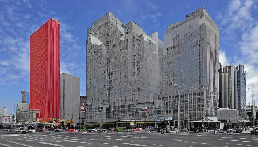 Prompt: the modern kabuki - za building, by hiroshi yoshida, wide - angle lens, detailed