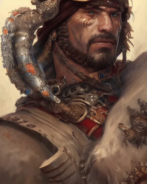 Image similar to portrait of an angry spanish conquistador by filipe pagliuso and justin gerard, symmetric, anatomy, facial features, detailed, intricate, portrait, digital painting, princess mononoke color scheme, masterpiece