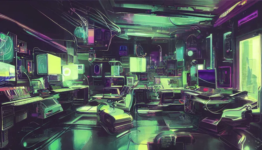 Image similar to a rendering of a detailed interior of a cyberpunk bedroom with computers and cables, soft neon lighting, metallic surfaces, sci-fi concept art, by Syd Mead, oil on canvas