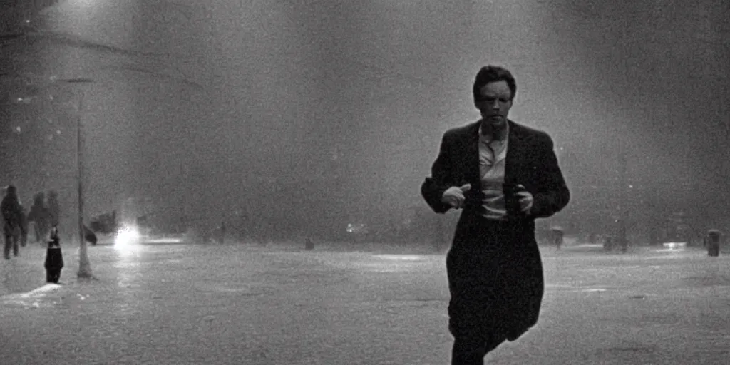 Image similar to a person running away, cinematic, atmospheric, cinematography by gordon willis, realistic