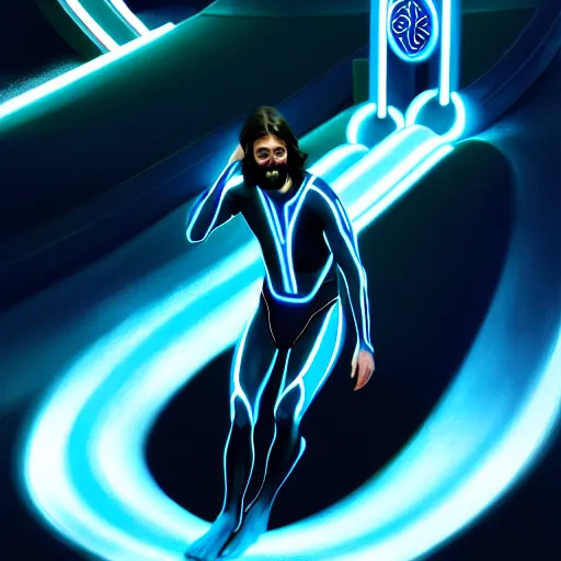 Image similar to tron legacy jesus riding waterslide, face closeup, laughing, diffuse lighting, hyper realistic, concept art, intricate, hyper detailed, smooth, sharp focus, illustration, trending on artstation, art by greg rutkowski and james gurney and alphonse mucha