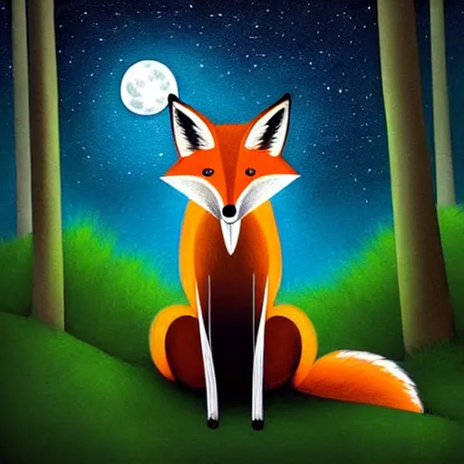 Image similar to “a fox sitting in the woods facing away, looking up at the night sky. The moon shines brightly. digital art, painting, highly detailed, hyper detailed, award winning”