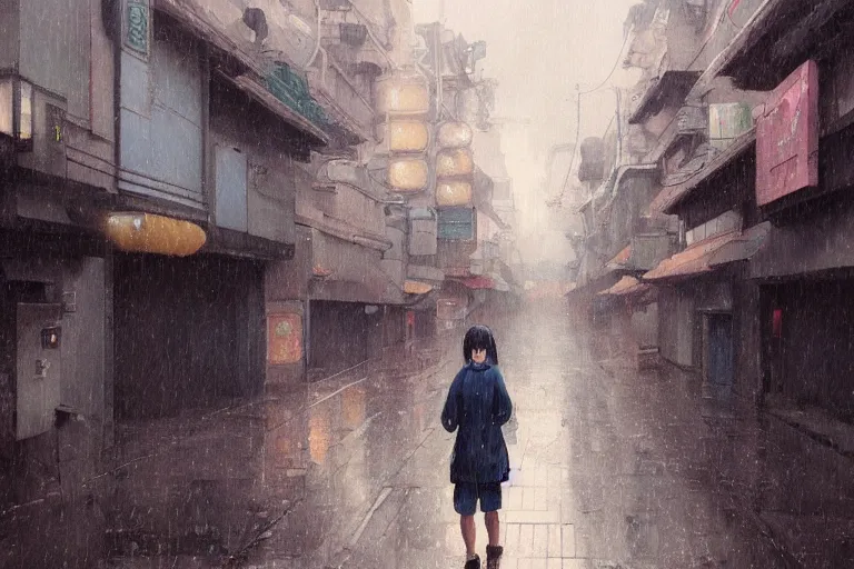 Image similar to a painting of a malfunctioning robot in a rain soaked back street in osaka, digital art, trending on artstation, by studio ghibli and greg rutkowski. spirited away. trending on artstation, hyperrealism, unreal engine