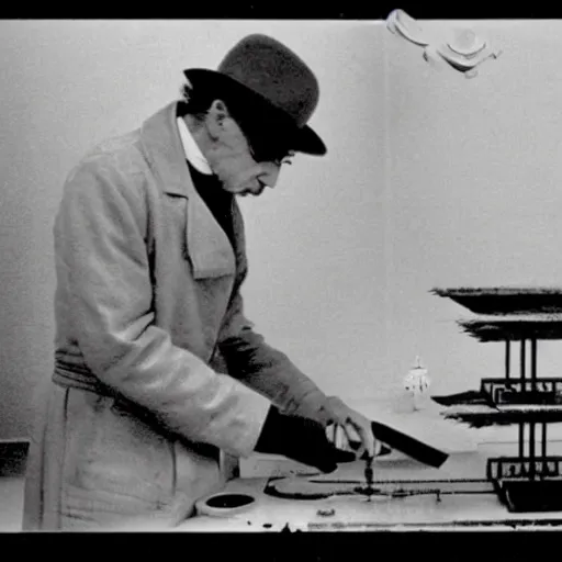 Image similar to filmstill of Marcel Duchamp working on a futuristic machine, long exposure, historical epic composition, in the style of Hito Steyerl and Andreï Tarkovski, archival pigment print