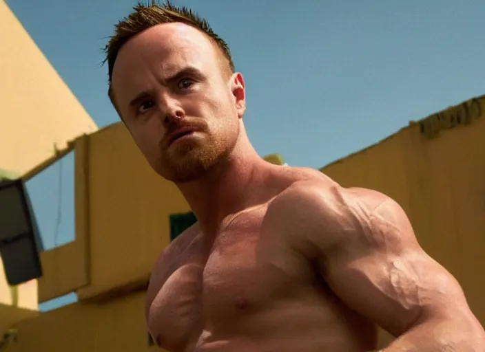 Image similar to extremely muscular Jesse Pinkman, upper body shot, movie still, photorealistic, shot by Vince Gilligan