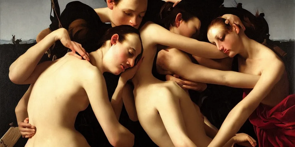 Image similar to beautiful oil matte portrait painting, multiple bodies intertwined, wonderful masterpiece highly detailed, beautiful cinematic light deep focus, elegant, digital painting, smooth, sharp focus, golden ratio, dramatic illumination, ultra realistic, 8 k, art by artemisia lomi gentileschi and caravaggio