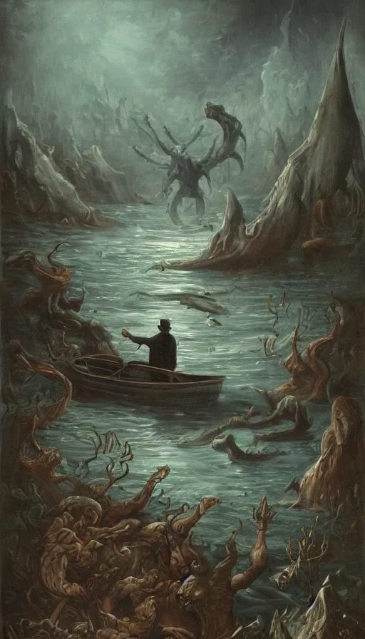 Image similar to man on boat crossing a body of water in hell with creatures in the water, sea of souls, from cryptid academia