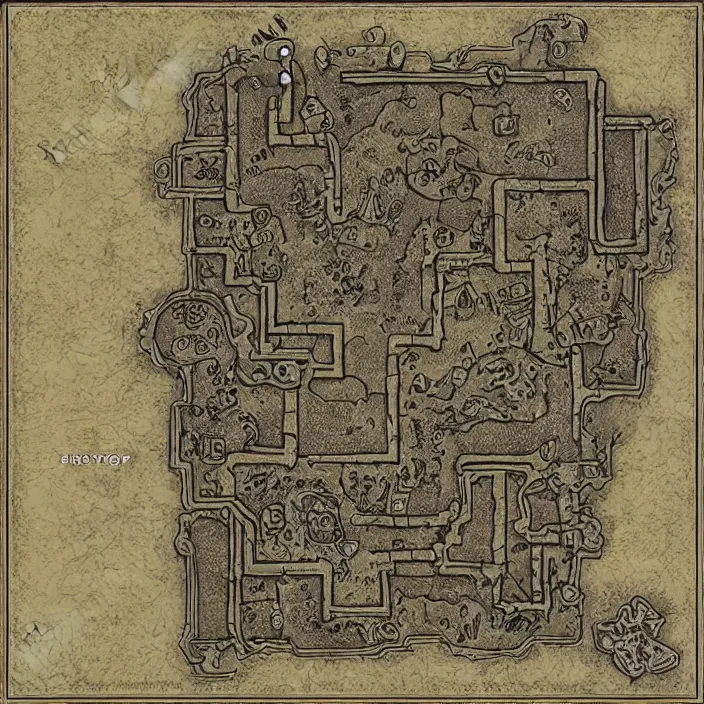 Prompt: dungeon map by dysonlogos, nine rooms, map of osr dungeon, 1 0 foot, map of tomb of horror, highly detailed, high resolution