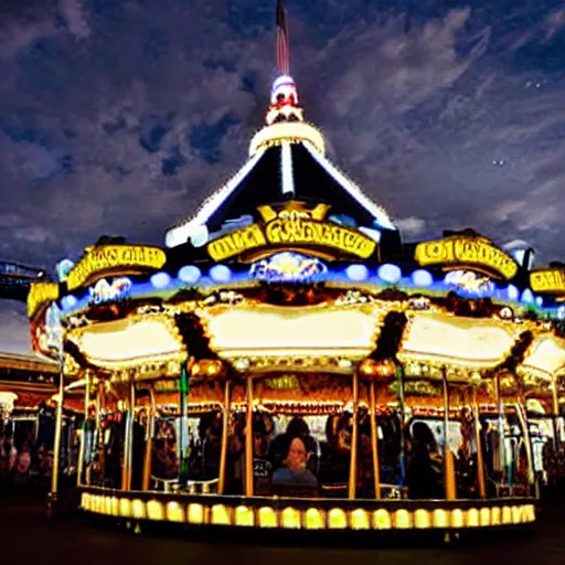 Prompt: photograph of walter white in a penguin costume standing in front or a carousel in disneyland, dark, ominous lights