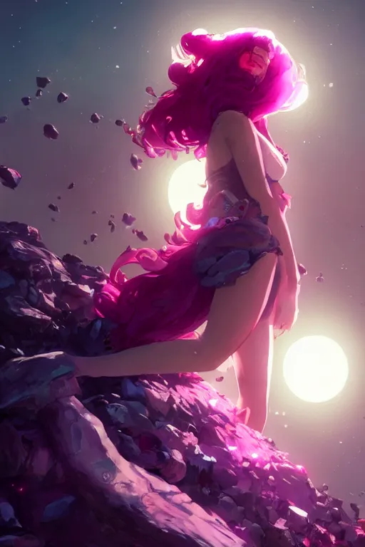 Image similar to A beautiful woman with magenta hair covering her face basking in the moonlight on a bed of obsidian crystals below planets, tall tree, cinematic lighting, dramatic atmosphere, by Dustin Nguyen, Akihiko Yoshida, Greg Tocchini, Greg Rutkowski, Cliff Chiang, 4k resolution, trending on artstation