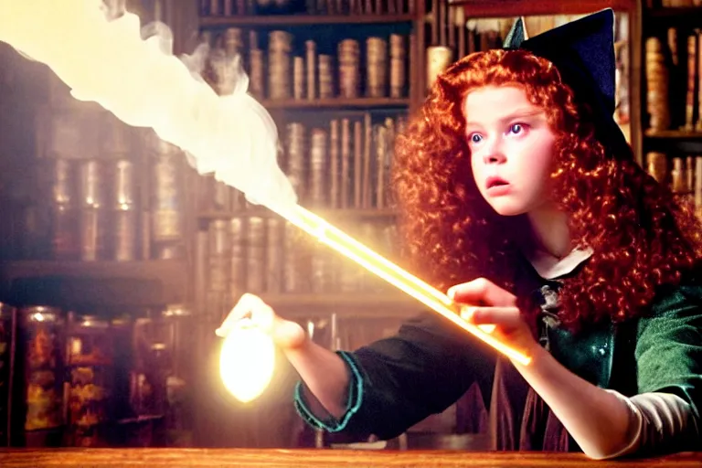Image similar to close up portrait, dramatic lighting, teen witch calmly pointing a magic wand casting a spell over a large open book on a table with, short hair, cat on the table in front of her, sage smoke, a witch hat cloak, apothecary shelves in the background, still from harry potter and peter pan