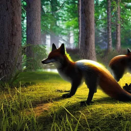 Prompt: second life in game screenshot of black foxes cuddling next to each other in a beautiful fantasy forest lit with fireflies, 3 d render, octane engine, unreal engine 4, 4 k screenshot