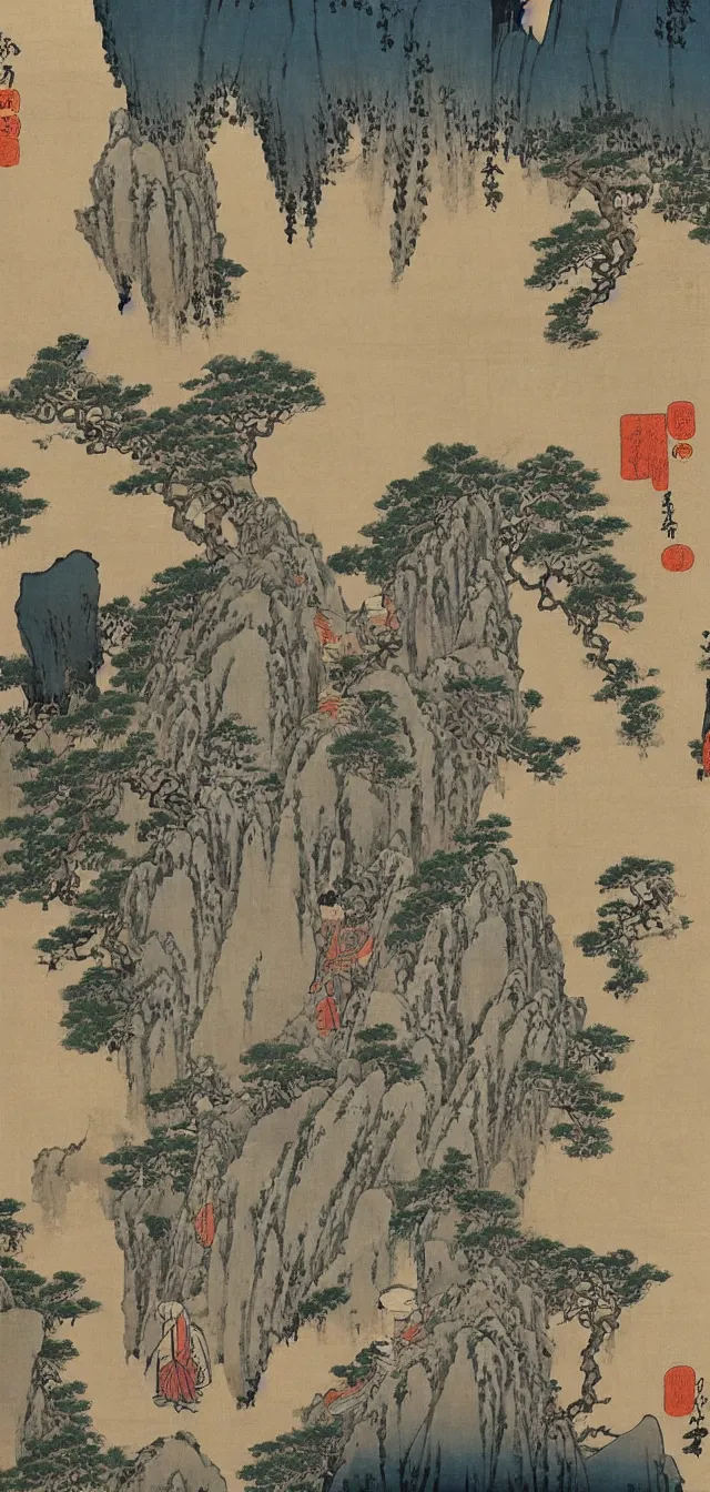 Prompt: taoist monks and temples in huangshan, artwork by hokusai and hiroshige, painted on old parchment