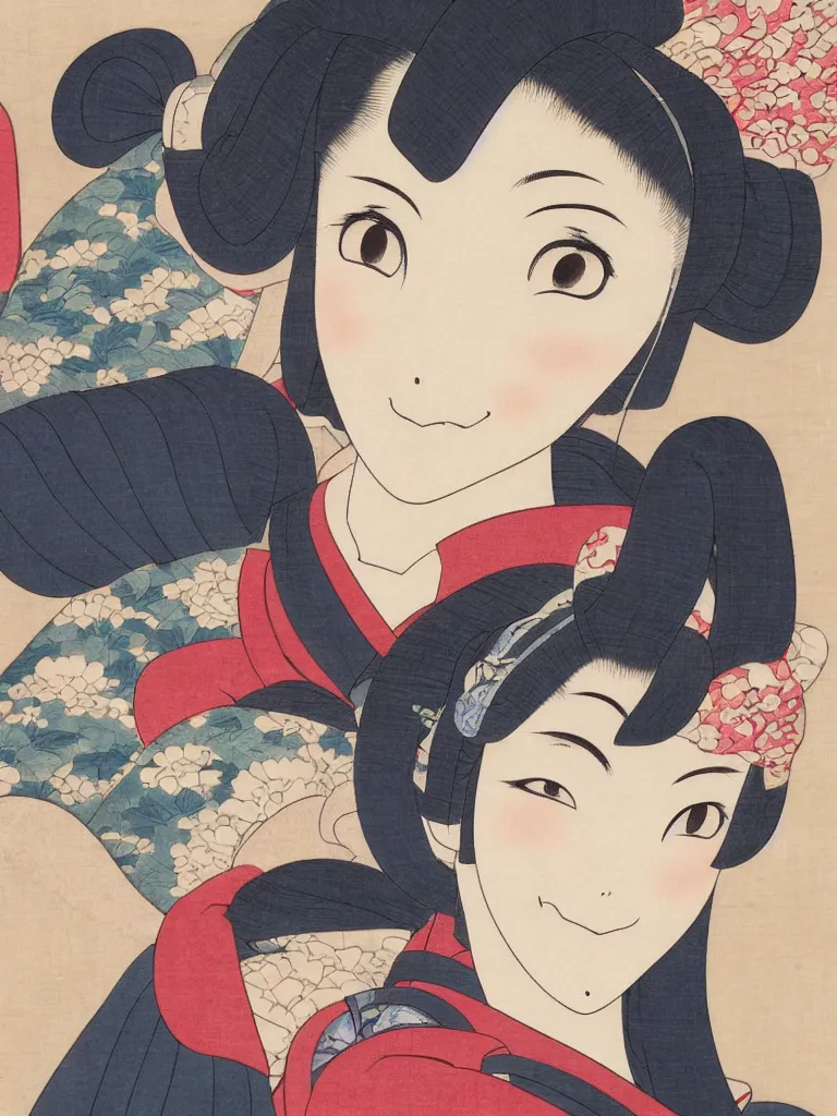 Image similar to a ukiyo - e painting of a pretty japanese anime girl smiling for the camera. trending on artstation, hyperrealism, unreal engine.