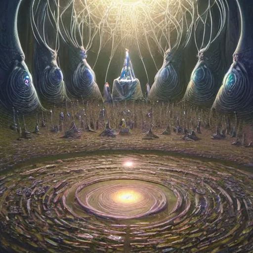 Prompt: a quantum computer surrounded by a dark cabal of hooded elven mystics gathered in a circular formation, michael whelan art, dan seagrave art, cgsociety, artstation, epic scifi fantasy art