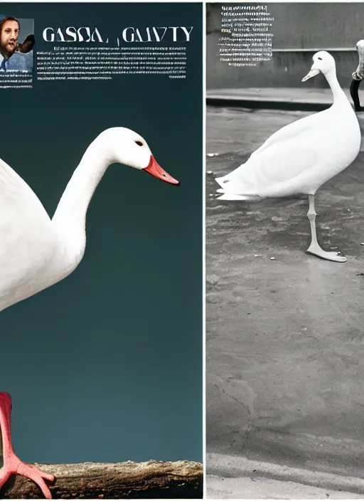 Image similar to ryan gosling fused with a white goose, bird with arms, natural light, bloom, detailed face, magazine, press, photo, steve mccurry, david lazar, canon, nikon, focus