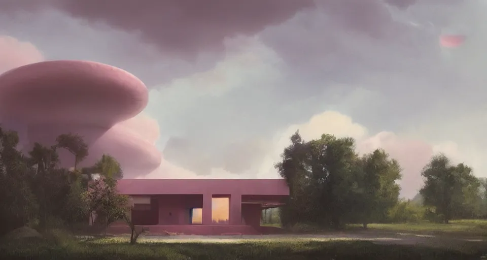Image similar to modernist house in the shape of a hamburger, light pink clouds, dramatic lighting, artstation, matte painting, raphael lacoste, simon stalenhag, frank lloyd wright, zaha hadid
