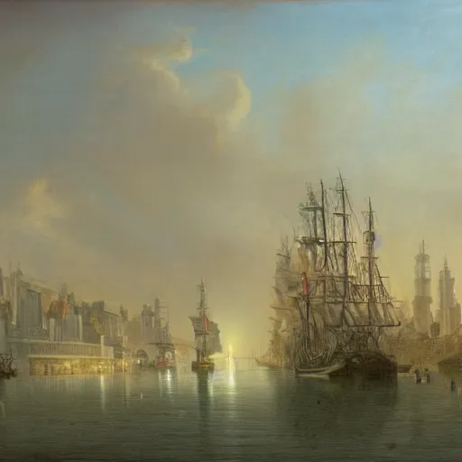 Image similar to by john harris ordered, saturated. a drawing of a tall ship sailing through a cityscape. the ship is adorned with intricate details, while the cityscape is filled with towering palaces & other grand buildings.