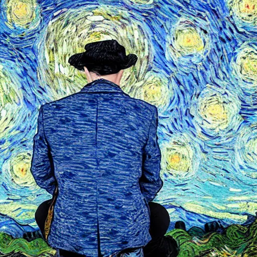 Prompt: an art director pondering his future, in despair, in the style of van gogh starry night