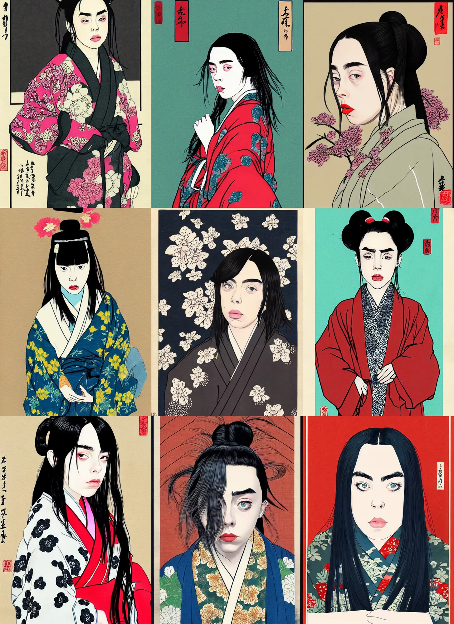 Prompt: a portrait of billie eilish wearing a kimono. shin - hanga.