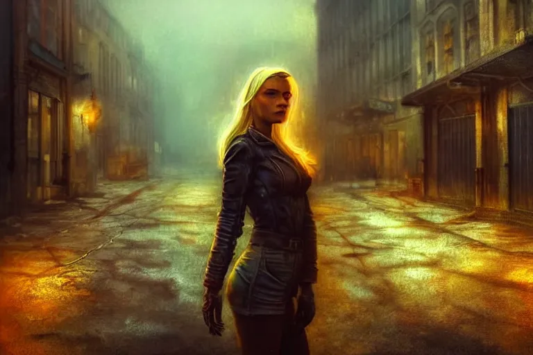 Prompt: fallout 5, charismatic beautiful rugged blonde female protagonist, portrait, outdoors european cityscape, atmospheric lighting, painted, intricate, volumetric lighting, beautiful, night time, autumn, overcast weather, foggy, sharp focus, deep colours, ultra detailed, art by william turner