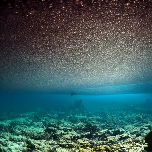 Image similar to ultrawide shot backlit ploughing the seabed underwater