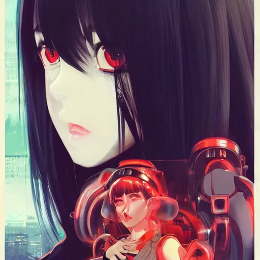 Image similar to A beautiful demon woman with big and cute eyes || VERY ANIME, fine-face, red and black robotic parts, realistic shaded perfect face, fine details. Anime. realistic shaded lighting poster by Ilya Kuvshinov katsuhiro otomo ghost-in-the-shell, magali villeneuve, artgerm, Jeremy Lipkin and Michael Garmash, Rob Rey and Kentarõ Miura style, trending on art station