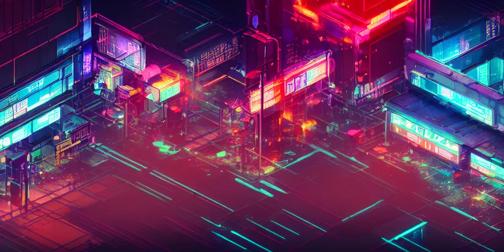 Image similar to isometric room of factory exploding at night in the center of a futuristic sci-fi asian city, signboards, neon lights, blade runner color palette, rendered in octane render by Yasunari Ikenaga, Yamato, Macross