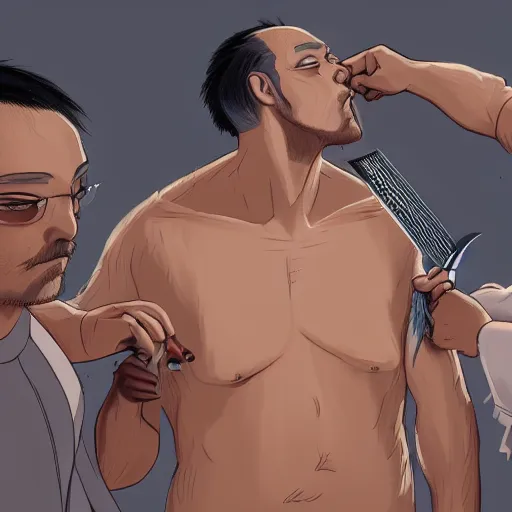 Image similar to a barber struggles to cut the hair of conjoined twins, by miyazaki and soraya, trending on artstation