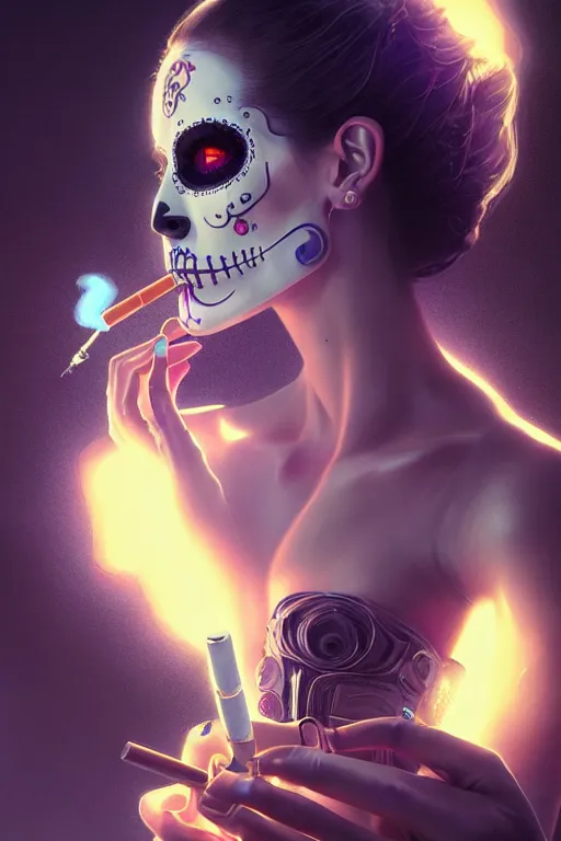 Image similar to ultra detailed, beautiful female android smoking a cigarette, scifi, fantasy, ( dia de los muertos ), triadic color scheme, intricate detailed, octane render, concept art. smoke, calm, noir. art by godmachine and michael welan and rossdraws and artgerm and greg rutkowski and wlop. 8 k, hdr