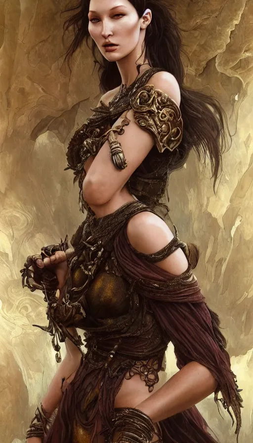 Prompt: ancient scorceress, bella hadid, bold, passionate, seductive, expressive, charismatic, very sweaty, intricate fashion clothing, insane, intricate, highly detailed, digital painting, artstation, concept art, surrealistic, smooth, sharp focus, illustration, unreal engine 5, 8 k, art by artgerm and greg rutkowski and alphonse mucha