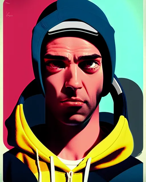 Image similar to pop art mixed with neo - noir artsyle, hyper - realistic detailed portrait of a man in a hoodie, with neon visor, by atey ghailan, by greg rutkowski, by greg tocchini, by james gilleard, by joe fenton, by kaethe butcher, sharp focus