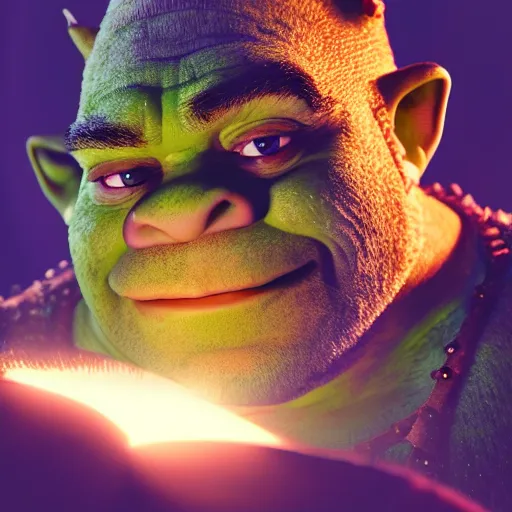 Image similar to portrait painting of shrek, candlelight, 8 k, ultra realistic, lens flare, atmosphere, glow, detailed, intricate, beautiful color, dungeons and dragons, gritty, cinematic lighting, trending on artstation, 4 k, hyperrealistic, focused, extreme details, unreal engine 5, cinematic, masterpiece