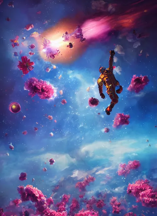 Image similar to An epic fantastic realism comic book style painting of the most beautiful flowers launched into space, bouquets, glorious galactic collision, sharp focus, fisheye, unreal 5, DAZ, hyperrealistic, octane render, dynamic lighting