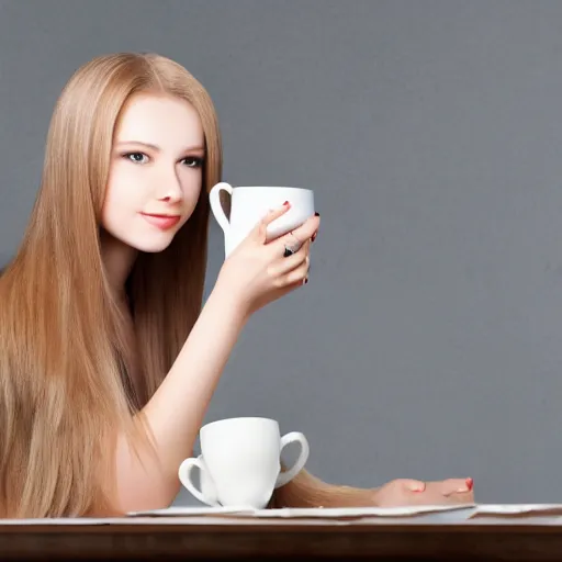 Prompt: russian girl with long blond hair sitting at a keyboard holding a cup of tea, beautiful, hyper realistic