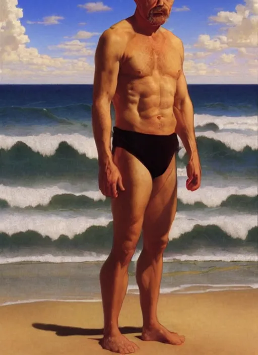 Image similar to portrait Walter White as sea lifeguard on the beach, full length shot, shining, 8k highly detailed, sharp focus, illustration, art by artgerm, mucha, bouguereau