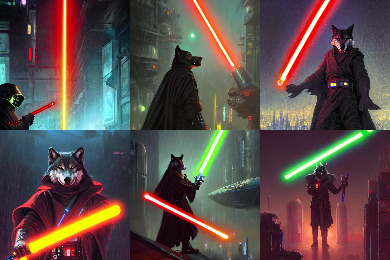 Prompt: a anthropomorphic wolf in black jedi robes wielding a lightsaber with a red blade on top of a blimp that is flying above a cyberpunk city at night while it rains. Neon light. Renowned character illustration by greg rutkowski, thomas kindkade, alphonse mucha, loish, norman rockwell. Trending on Artstation.