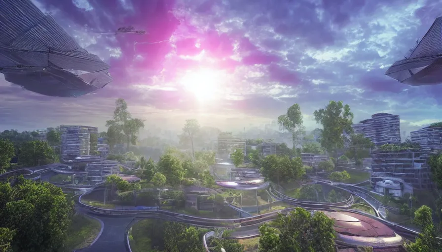 Prompt: photo of sunrise over a beautiful solarpunk city, many trees, flying cars, dramatic lighting, romantic, eco system, hyper realistic,