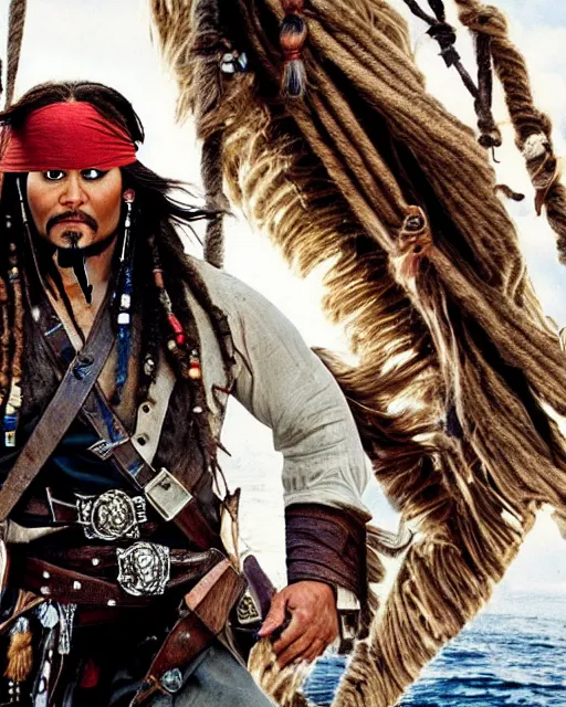 Image similar to Film still close-up shot of Dwayne Johnson as Captain Jack Sparrow with Dwayne The Rock Johnsons face from the movie Pirates of the Caribbean. Dwayne The Rock Johnson Photographic, photography