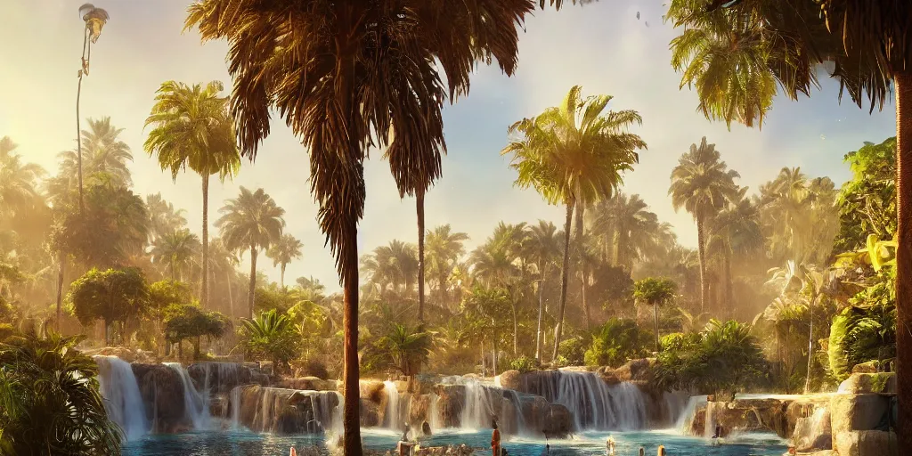 Image similar to beautiful oasis waterfalls surrounded by palm trees moroccan tile archways, date trees, ivory towers sunset peter morbacher ross tran angelarium greg rutkowski alchemy luxury heavenly light soft illumination, trending on artstation cinematic lighting digital painting octane render, artgerm