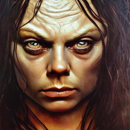 Image similar to detailed portrait of mila kunis as gollum from lord of the rings intricate, hyper detailed, realistic, oil painting, by julie bell, frank frazetta, cinematic lighting