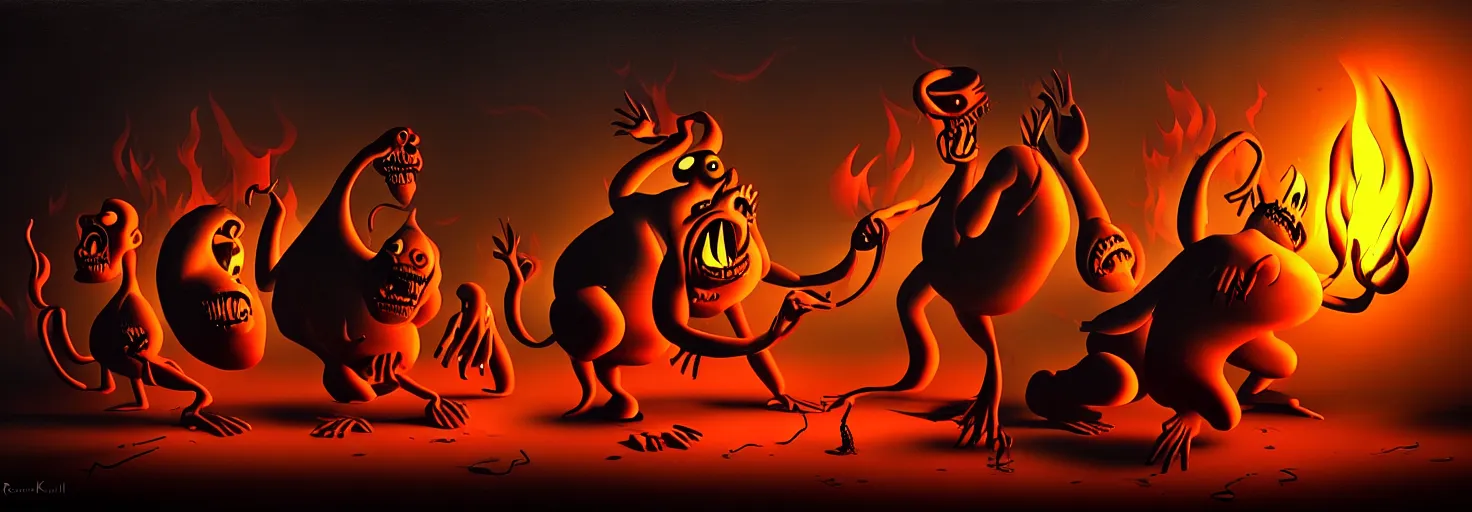 Prompt: visceral freaky monsters from the darkest depths of collective unconscious, dramatic lighting from fire, classic fleischer cartoon characters, surreal painting by ronny khalil