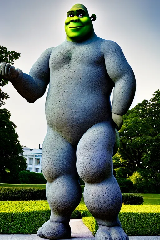 Image similar to A beautiful stone statue of Shrek in front of the White House, photo by Steve McCurry, heroic pose, detailed, smooth, smiling, professional photographer