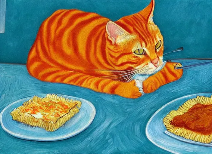 Image similar to detailed realistic realism painting of orange tabby cat eating lasagna at dusk, in the style of vincent van gogh and salvador dali and leonardo da vinci