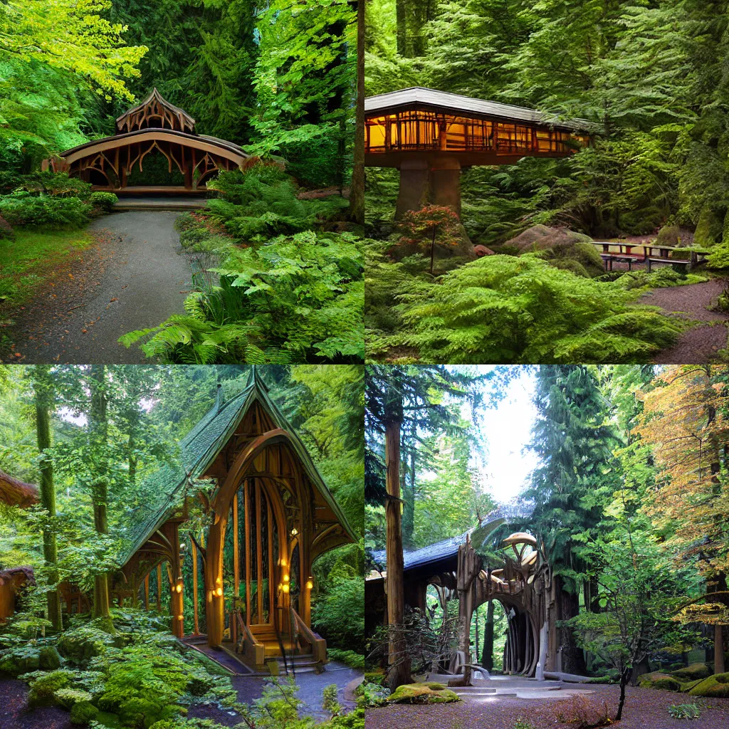 Prompt: lothlorien Rivendell architecture Pacific Northwest forest university campus